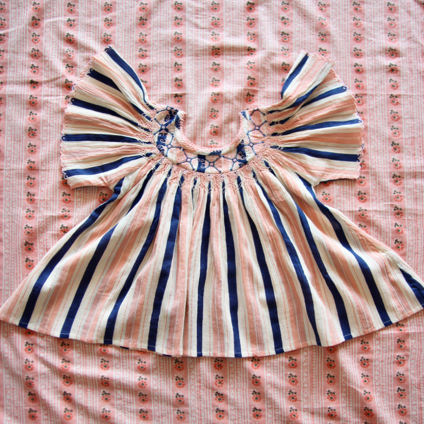 Butterfly Blouse with New Embroidery & Smocking Big Stripe