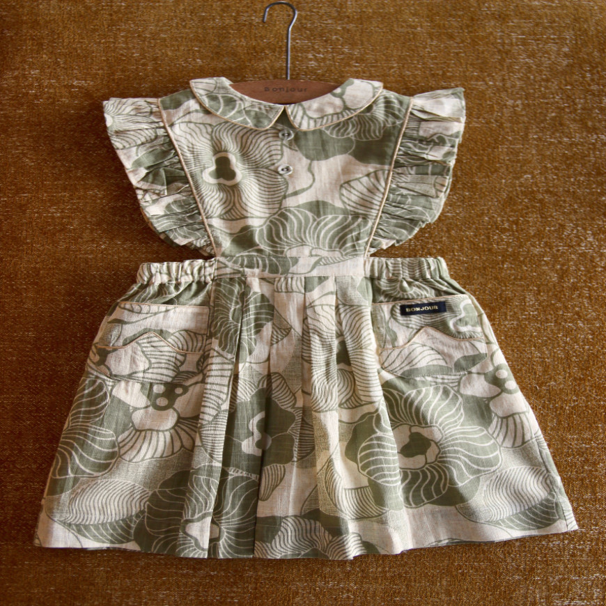 Apron Dress Moss Green Flower Print