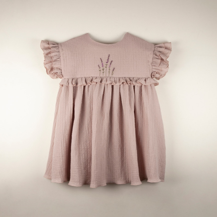 Pink Organic Dress with Embroidered Yoke
