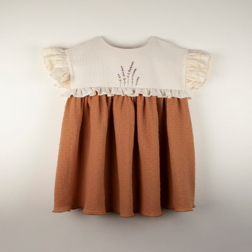 Terracotta Organic Dress with Embroidered Yoke