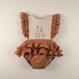 Terracotta Romper Suit with Embroidered Bib