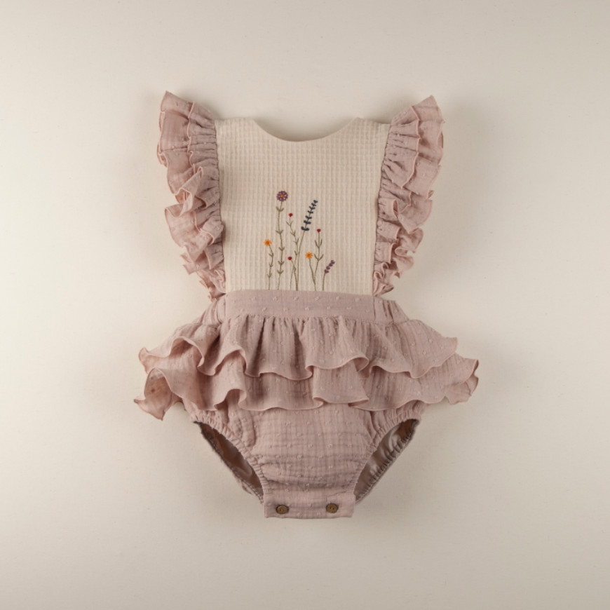 Pink Romper Suit with Embroidered Bib