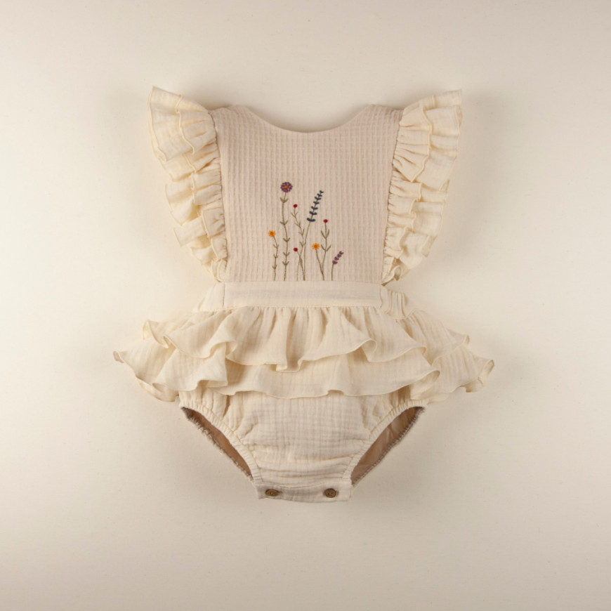 Offwhite Romper Suit with Embroidered Bib