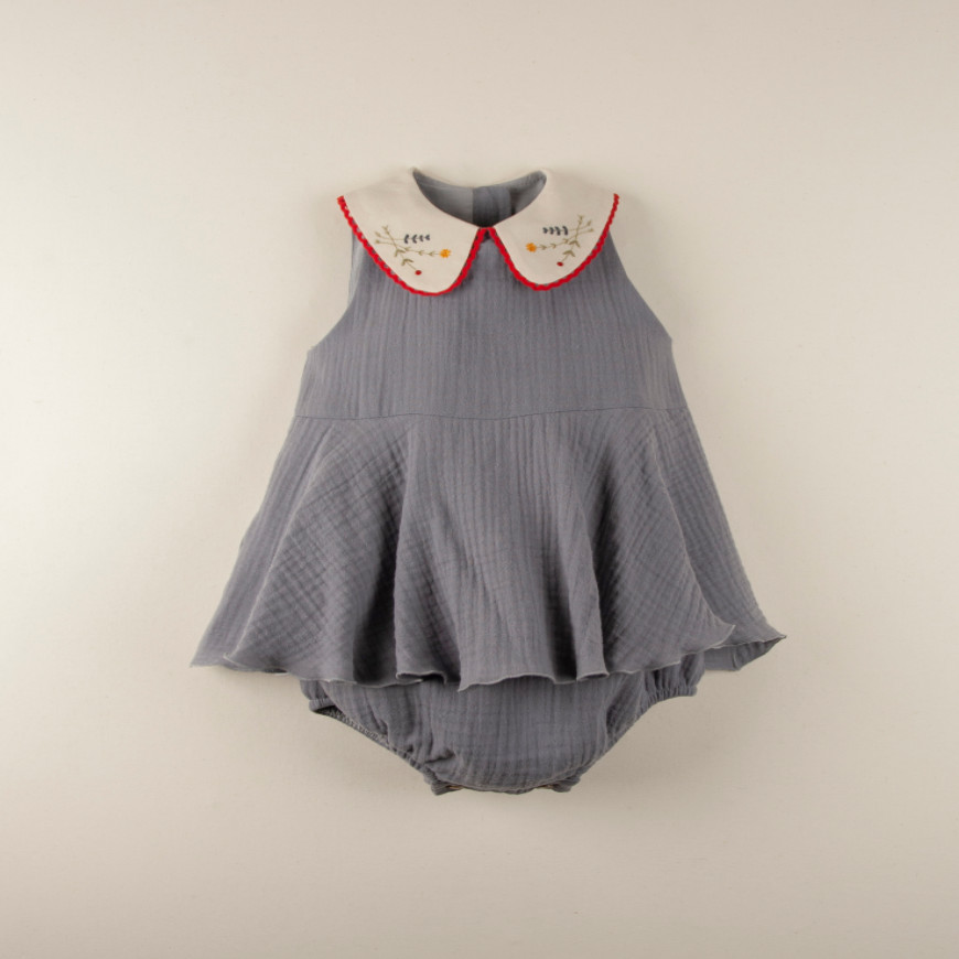 Greyish-Blue Romper Suit with Embroidered Collar