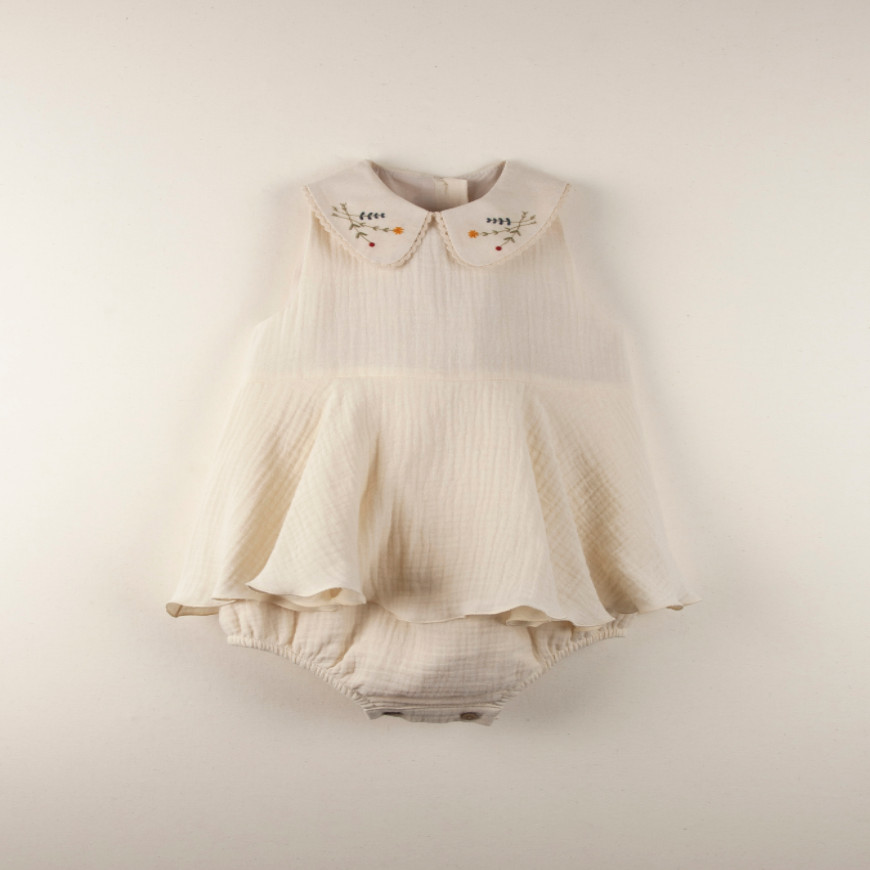 Offwhite Romper Suit with Embroidered Collar