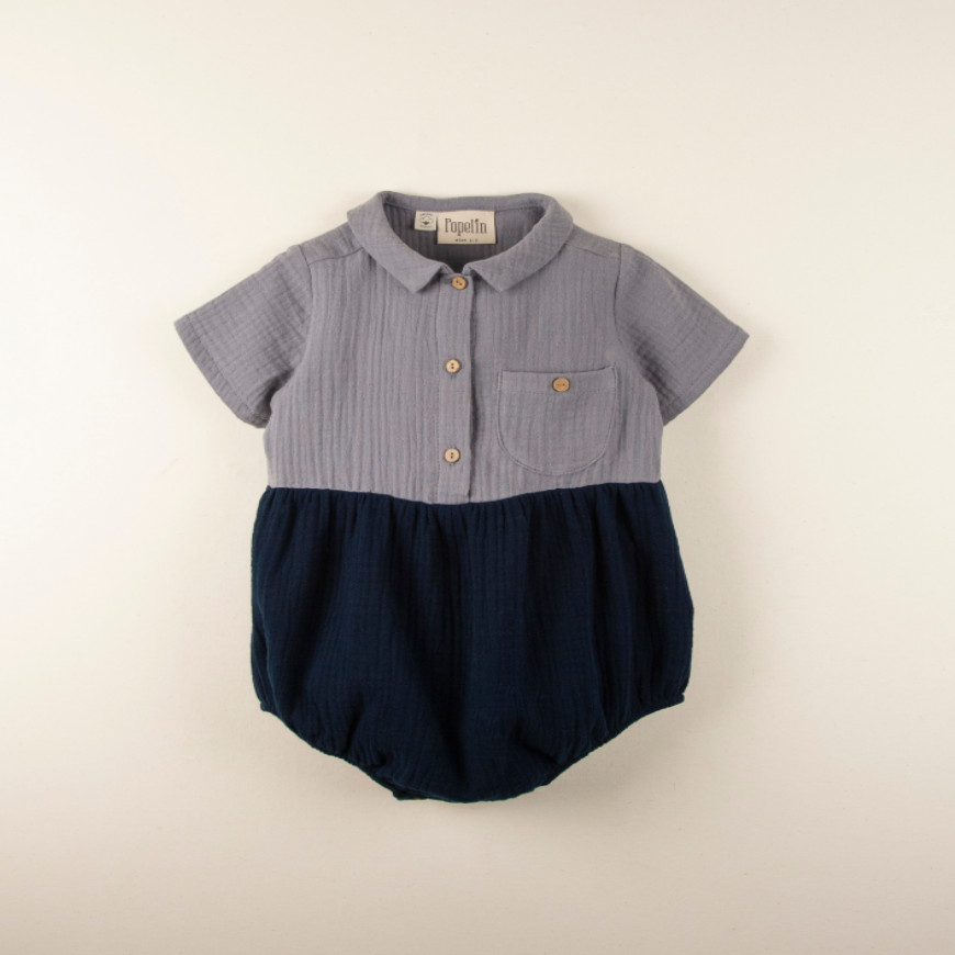Blue Organic Shirt Style Romper Suit