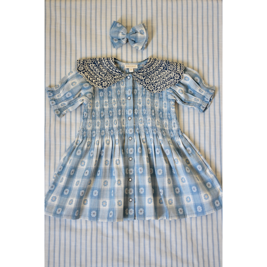 Tunique and Hair Clip Blue Jacquard Flower Check