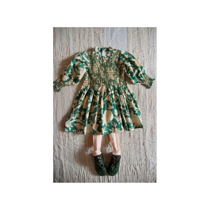 Handsmock Dress Autumnal Green Flowers